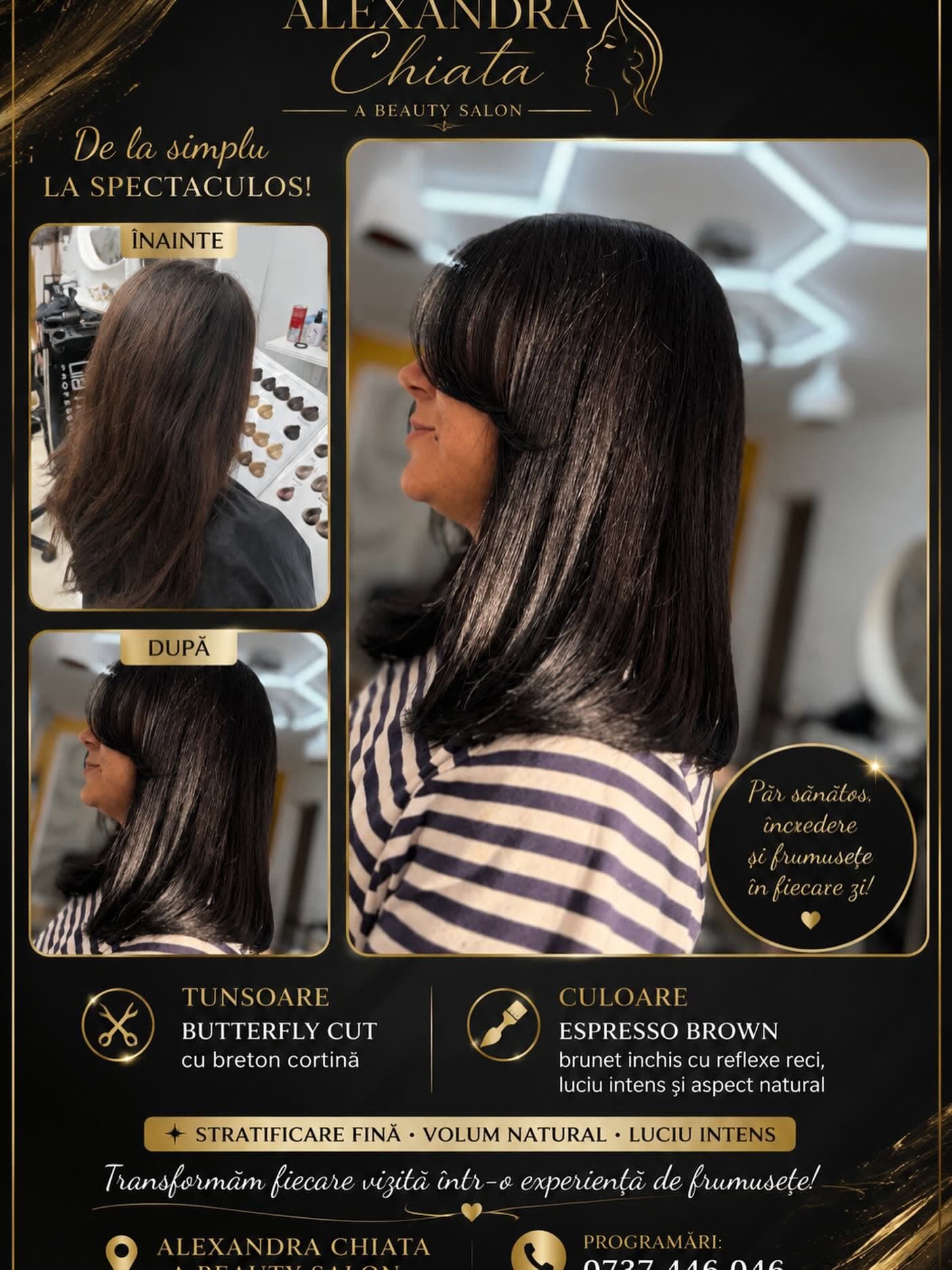 Transformare păr — tunsoare Butterfly Cut cu breton cortină, culoare Espresso Brown